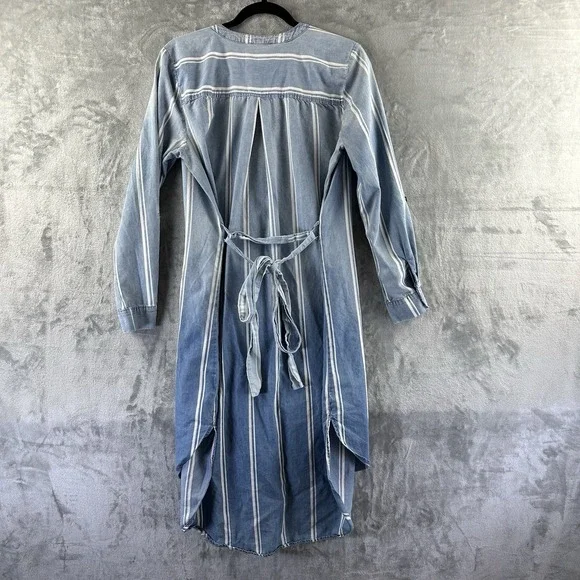 AUW Shirt Dress Women's 10 Blue Striped Chambray Tie Waist Hi Lo Hem - Picture 10 of 10